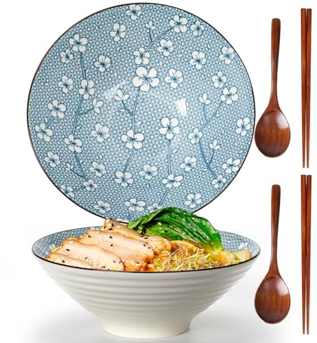 2pcs Ramen Schüssel Keramik, 1000ML Ramen Bowl set | Japanische Schüssel Keramik, Ramen Bowl mit Löffel Essstäbchen, Müslischalen, Salatschüssel, 20,5cm