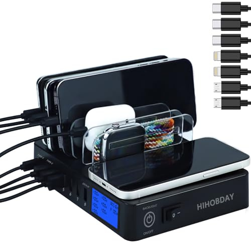 HIHOBDAY 9-in-1 Fast Charging Station PD20W QC3.0,Wirelss Charging Station for Multiple Devices with LCD Display Compatible for iPhone iPad Samsung Huawei Series and More (Black)