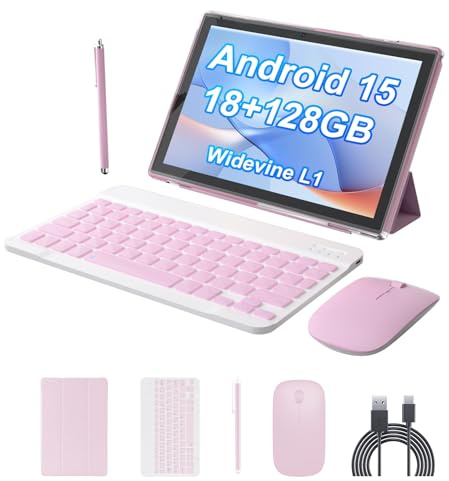 PEICHENG Android 15.0 10Inches Tablet, 18GB RAM+128GB ROM+2TB Expandable, Tab Set with Keyboard/Case/Mouse/Stylus, 2.0GHz Quad-core Processor, 1280 * 800 IPS HDScreen, 5G WiFi6 BT 5.0 (Pink)