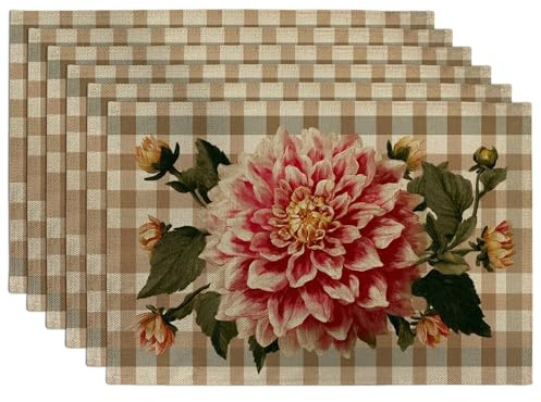 Lot de 6 sets de table pour table de salle à manger, motif floral dahlia printanier, été, pêche, campagne, botanique, antidérapants, lavables, pour intérieur et extérieur