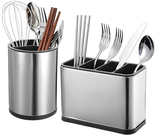 SWEWARM 2-Piece Utensil Holder Set - Stainless Steel Cutlery Organiser with Anti-Slip Base for Spoons, Forks, Knives & Chopsticks