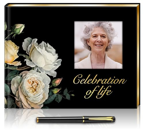 Celebration of Life Guest Book for Funeral or Memorial, Hardcover Floral Remembrance Book with Sign In Poster, Gold Foil, Photo Window, Memory Keepsake for Loved Ones, Black & White Roses