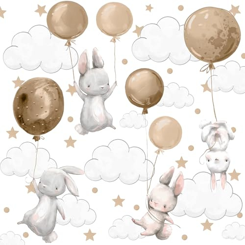 Muralo Wandtattoo Set Hasen mit braunen Luftballons - 60x30 cm | Wandsticker, Modernes Design - ideal für Kinderzimmer, für Mädchen und Jungen, einfach anzubringen