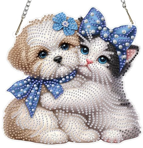 MXJSUA Hund Katze Diamond Painting Anhänger mit Kette Erwachsene, Diamant Painting Fensterbilder Hängende Ornament Bastelset Set für Wand Und Eingang Decor