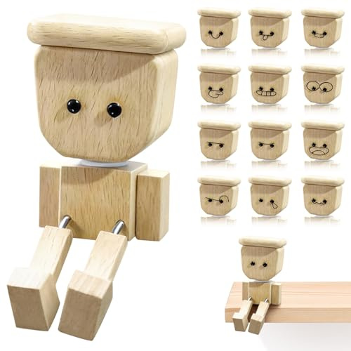 Simsky Magnetische Holzfigur, Handgefertigter Wackelmann mit 12 Ausdrücken, Dekorative Auto-Ornamente, Schüttelnde Holzpuppe mit Wackelfüßen