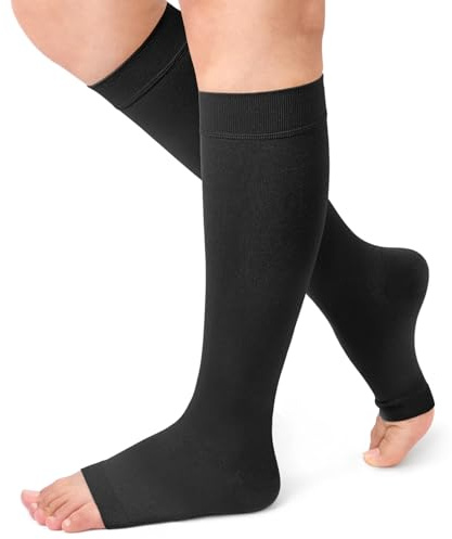 Medias de compresión médicas para hombre y mujer con banda de silicona, punta abierta, rodilla alta, pantorrilla, calcetines de compresión firme, 20-30 mmHg, soporte graduado, medias de apoyo para
