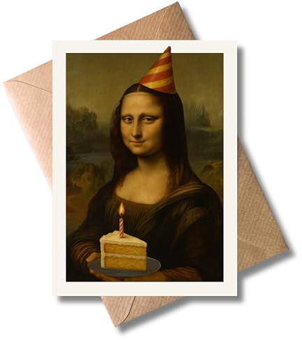 WBdesignz Mona Lisa Geburtstagskarte mit Partyhut & Kuchen - Witzige Klappkarte zum Geburtstag für Freunde & Kollegen - Humorvolle Glückwunschkarte mit Klassik-Design und bunter Kerze (DIN A6)