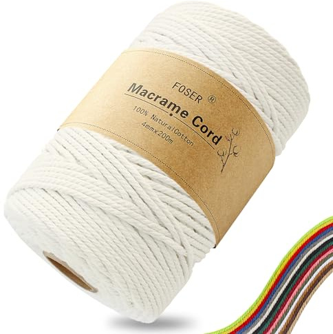 FOSER Premium Makramee Garn 4mm × 200m, Natürliches Makramee Schnur Makramee Kordel für Handwerk, wanddeko (Naturfarben)