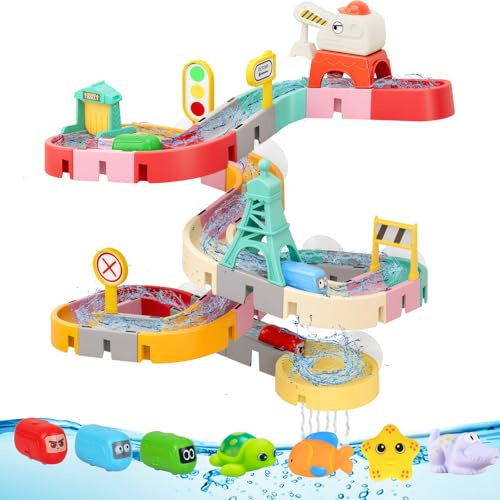 Juguetes Bañera 3 4 5 6 7 Años, Juguetes Baño Bebe con Pista de Bolas DIY, Squeeze Toys y Bolsa Juguetes Bañera, Juguetes para Baño Juegos de Agua Juguetes Educativos Regalos para Niños Niñas