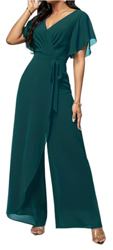 ZRYAZQ Jumpsuit Damen Elegant Für Hochzeit Chiffon Overall Damen Festlich Hochzeitsgast Jumpsuits V Ausschnitt Tailliert Festliche Hosenanzug Kurzarm Weites Bein Romper Lang Wickel Playsuit Onesie