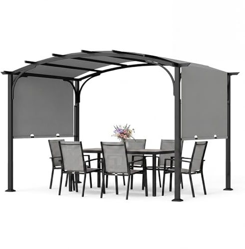 COSTWAY Pergola, paviljong med justerbart skjuttak, 3 x 2,4 m trädgårdspaviljong med solskydd, terrasstak med stålram och 8 pinnar, terrasstak för trädgård och balkong (grå)