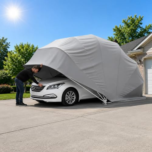 Cendbirut Tettoia per auto semiautomatica resistente, garage pieghevole, tenda per auto retrattile semiautomatica, copertura impermeabile per auto, ideale per auto, barche ed eventi, 18*8,2*7,5 piedi