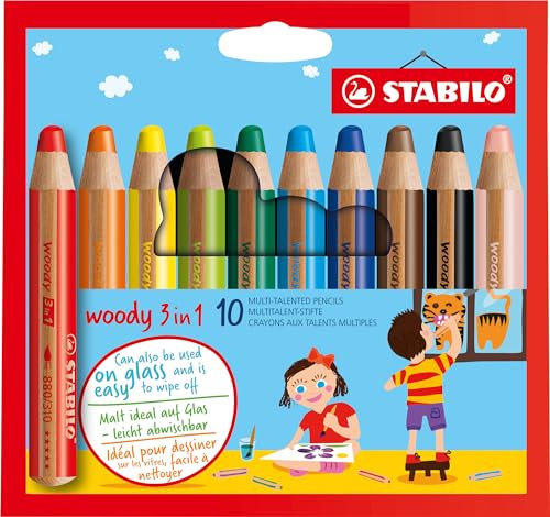 STABILO - Buntstift, Wasserfarbe & Wachsmalkreide - woody 3 in 1-10er Pack - mit 10 verschiedenen Farben