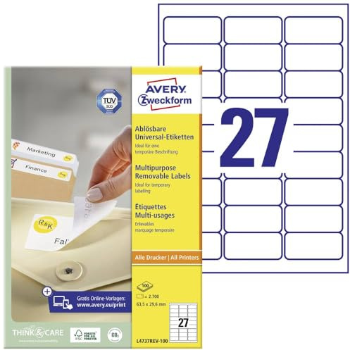 AVERY Zweckform L4737REV-100 Universal Etiketten (2.700 Klebeetiketten, 63,5x29,6mm auf A4, wieder rückstandsfrei ablösbar/abziehbar, individuell bedruckbare, selbstklebende Aufkleber) 100 Blatt, weiß