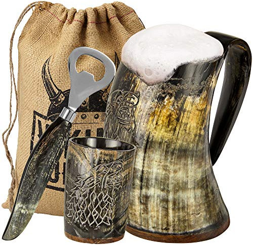 Viking Culture Corne à boire, verre à shot et décapsuleur (3 pièces), ensemble authentique - 500 ml Chope de bière, d'hydromel et d’ale - Style vintage avec poignée - Finition naturelle