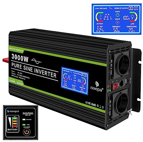NOVOPAL Wechselrichter 3000W Reiner Sinus Spannungswandler 24v auf 230v mit 5m-Fernbedienung mit Display und Fehlercodes + 2.4A USB-Anschluss + 2AC Steckdosen