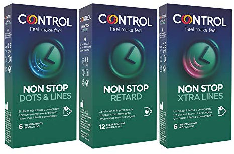 Control Effet retardateur Lot de 24 préservatifs : non stop points et vergetures and Non Stop Retard and Non Stop Xtra Lines, Pack de 3 boîtes, sans parfum