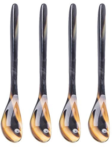 HEMOTON Ochsenhorn Kaffee Löffel Set 4 Stück 5.51In / 14.00Cm Für Kaffee Tee Zucker Gewürze Kuchen Dessert Suppe Rührlöffel Mit Glatter Verarbeitung
