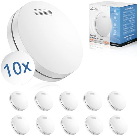 ALPENLUFT Rauchmelder Funk Vernetzt 10 Jahre Batterie, Rauchwarnmelder & Hitzemelder 2in1, Feuermelder, Brandmelder, Funkrauchmelder Vernetzbar | Ohne Bohren, Ohne LED Blinken 10er Set