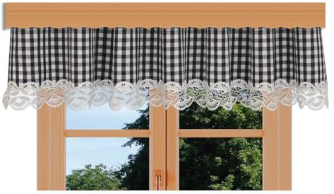 kollektion MT Querbehang Hannah mit Vogtländischer Spitze – hochwertige Landhaus-Gardine schwarz-weiß kariert | rustikaler Baumwollstoff Blickdicht | Volant mit Reihband Höhe x Breite 30 x 180 cm