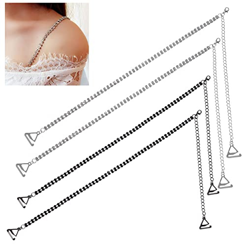 Newellsail 2 Pares Tirantes de Sujetador de Diamantes de Imitación Correa de Hombro Invisible Ajustable Correas de Ropa Interior Antideslizante para Mujer Vestido Sujetador (Plateado y Negro)