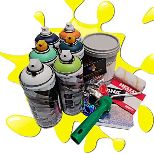 PROGAL COLORS NBQ GRAFFITI Matte Spraypaint-Set (6 x 400 ml + 0,75 l + 6 x Düsen + Rolle 11 cm + Aufkleber Montana Cans) Spraybombe zur Auswahl der Farben