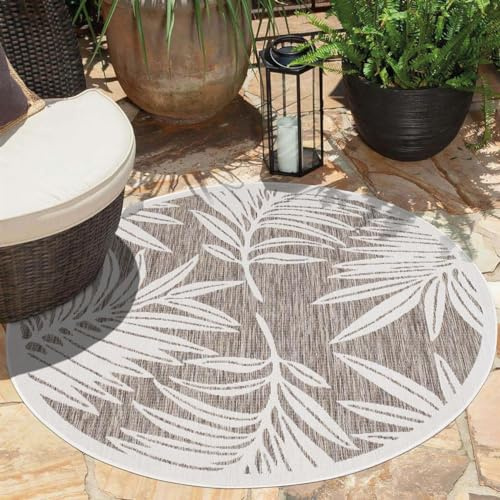 carpet city Alfombra exterior resistente a la intemperie – Beige – 120 x 120 cm redonda – Hojas de palmera – Alfombra para balcón impermeable – Alfombras para interior y exterior para terraza, jardín,
