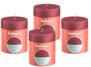 Bolsius Rustikale Stumpenkerze - Shimmer Red - 4 Stück - Lange Brenndauer von 35 Stunden - Haushaltskerze - Innendekoration - geruchlos - inklusive natürlichem veganem Wachs - ohne Palmöl - 8 x 7 cm