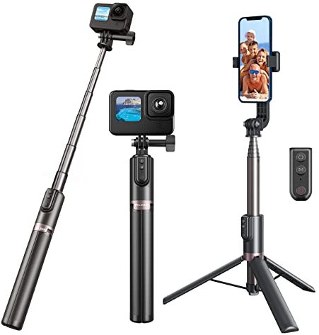 Selfie Stick Stativ für mit Kabelloser Bluetooth Fernbedienung, Ausziehbarer Vlog Pole Stick Einbeinstativ mit Telefonhalter kompatibel mit 13 12 11 10 9 8 Black Max iPhone