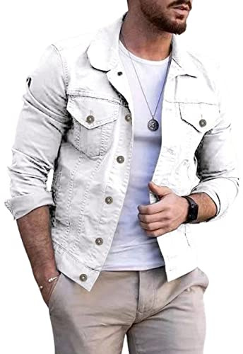 CHARTOU Veste en jean boutonnée décontractée à manches longues pour homme, coupe droite, blanc, Large