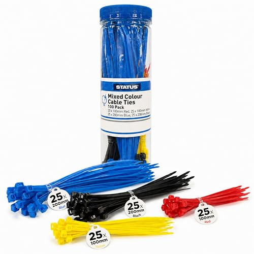 STATUS 100 Mixed Cable Ties, Red, Yellow, Blue & Black | 100mm & 200mm, Zip Lock Mechanism, Perfect for Organising, Long & Short Length, SMIXCT100PKX12