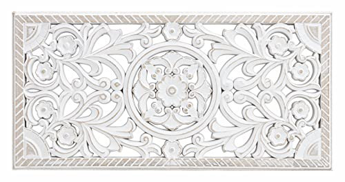 Spetebo Wand Deko Ornament shabby weiß zum Aufhängen - 61 x 30 cm/rechteckig - Vintage Wandbild aus Holz - Landhaus Fensterdeko Wandbehang