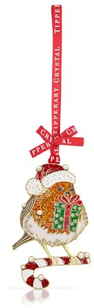 Tipperary Crystal Luxury Sparkle Christmas Hanging Decorations Robin on Candy Cane in White Star Gift Box Xmas Festive Décor 8cm