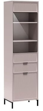 KIER FURNITURE Vitrine, Hochschrank - Regal - Bücherregal, Sideboard, Beine, Metall, Schwarz, MDF, Glas - Kommode, Wohnzimmer Möbel, Wohnzimmerschrank, Vitrinenschrank, Schublade - Cashmere Beige