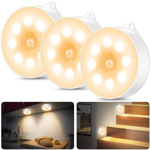 daphomeu Luz led nocturna con sensor de movimiento,Funciona con 3 pilas AAA.iluminación de armario, sensor de movimiento interior para escaleras, dormitorio, cocina.(Blanco cálido,3 Piezas)