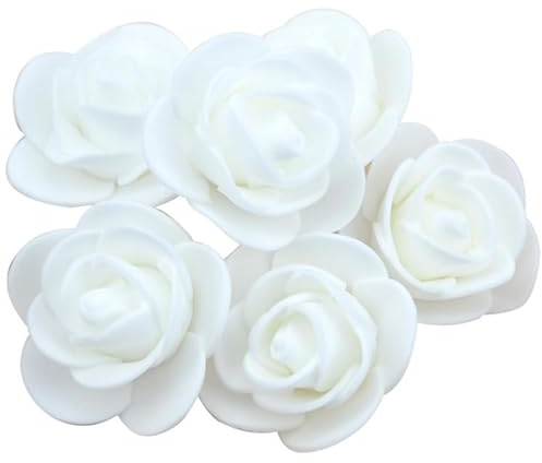 Yurosiay 100 Stück Künstliche Rosenköpfe 3.5cm Schaumrosen Blumenköpfe Mini Rosen Deko PE Foamrosen Kunstrosen Wie Echt Kunstblumen Rosenstrauß für DIY Hochzeit Party Dekoration Weiß
