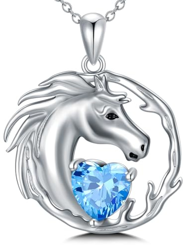 LONAGO Pferd Halskette 925 Sterling Silber Pferd mit Geburtsstein Anhänger Halskette für Damen (März)