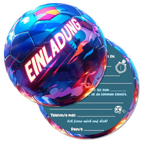 Vielucks® 15 x Fußball Einladungskarten Kindergeburtstag - Φ13.5cm - Original, Einladungskarten Geburtstag für Fußballbegeisterten Jungen und Mädchen, Coole Witzige Rund Fußball Einladung (Blau)