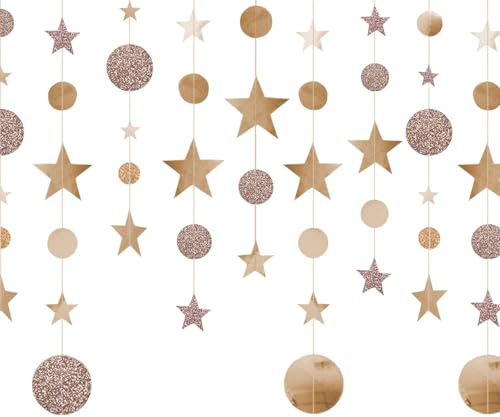 LINGJIA 4 Pezzi Stelle di Carta da Appendere, Ghirlanda di 4 * 4m, Corona Rotonda di Stelle in Oro Champagne, Decorazione per Feste, Festa della Donna e Vacanze