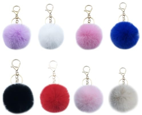 Xsclpomddy 8 Stück Pom Pom Schlüsselbund künstliche weiche Kaninchenhaar Taschenanhänger Ball Schlüsselanhänger für Handtasche Auto Anhänger Dekoration