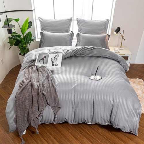 Amolavet Hotel Bettwäsche 200x200 3 Teilig Set Mako Satin Damast Grau Bügelfrei & Atmungsaktiv Kühler Sommer Mikrofaser Bettbezug mit Reissverschluss Luxus Hotelqualität für Hautfreundlichen Schlaf