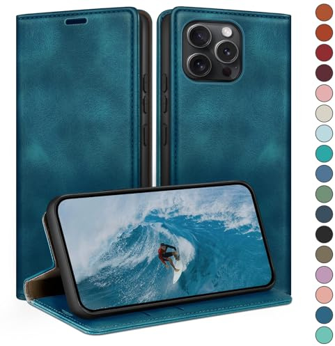 HUOUH für iPhone 13 Pro Max 6.7 Hülle mit RFID Schutzhülle aus Lederhülle Handyhülle,Kartenfach Leder ständer Handy hülle,360 Grad Schutz Cover für Apple 13 Pro Max Klapphülle Wallet Case Türkis