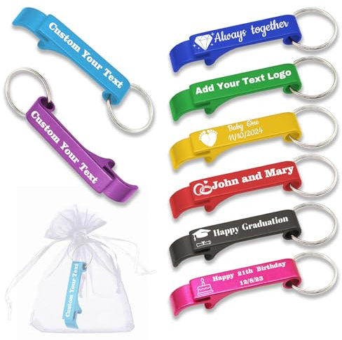 SYSTUTY Portachiavi apribottiglie in alluminio personalizzato, 60 pezzi, con logo inciso, personalizzabili per feste, matrimoni, compleanni, bar