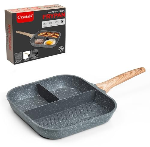 Crystals Non Stick Frying Pan - 3 in 1 Section Fry Pan with Wooden Handle - Small Induction Egg Frying Pan 28cm - Non Stick Coating Divided Pan Suitable for All Cooking Hobs