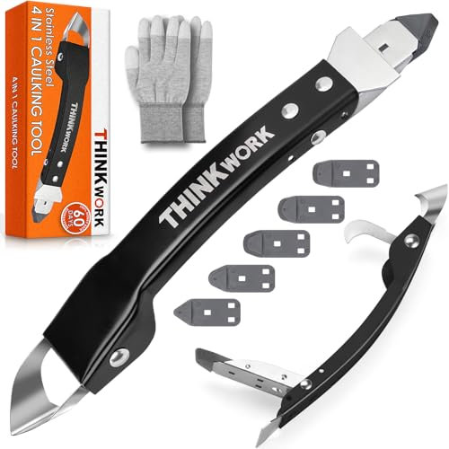THINKWORK Caulking Tool, Stainless Steel Sealant Finishing Tool, Caulk Remover with Pads, Smoothing Remover Kit for Silicone Joints DIY Sealer (Black)