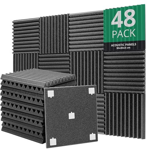 ROVSON Akustikschaumstoff, 48 Stück Akustikpaneele, 30x30x3cm, Hochdichte Schallabsorber Wand, Schallabsorber, Schalldämmung für Tonstudio, Anthrazit-Grau, Enthält Klebstoffe