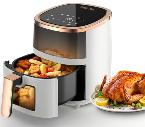 Heißluftfritteuse 6L Airfryer mit 8 Programme Rapid Air Heißlufttechnologie Touchscreen Sichtfenster Max 200°C 1200 W Spülmaschinenfest Fritteuse ohne Öl Grillen Backen Braten Weiß