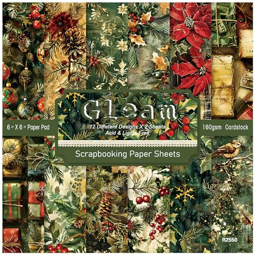 ZAKHSE Motivpapier Weihnachten, 24 Blatt Designpapier mit Beeren Kiefer Blumenmuster, Einseitig Bedruckt 15.2x15.2cm Grün Bastelpapier Scrapbook Papier Dekopapier für Winter Festivals DIY, 12 Designs