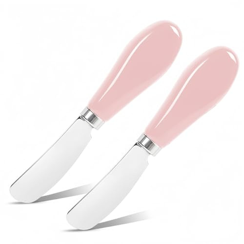 Siutco Butter Spreader Knife Set, 2-Pack Stainless Steel Cheese and Butter Knives with Ceramic Handle, Dishwasher Safe, for Soft & Hard Cheese, Jam, Cold Butter (Coral Pink)