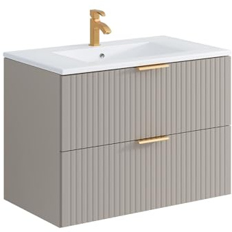 Vente-unique - Meuble de Salle de Bain Suspendu strié avec Vasque à encastrer - Beige - 80 cm - ZEVARA